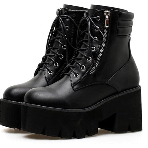 NEWDISCVR 2020 Autumn Ankle Boots For Women Motorcycle Boots Chunky Heels Casual Lacing Round Toe Platform Boots Shoes Female