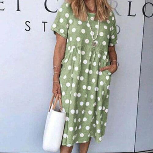 Dresses For Womens Summer Fashion Print Polka Dot O Neck Casual Loose Pocket Short Sleeve Plus Size Woman Dress 2021 Robe Femme