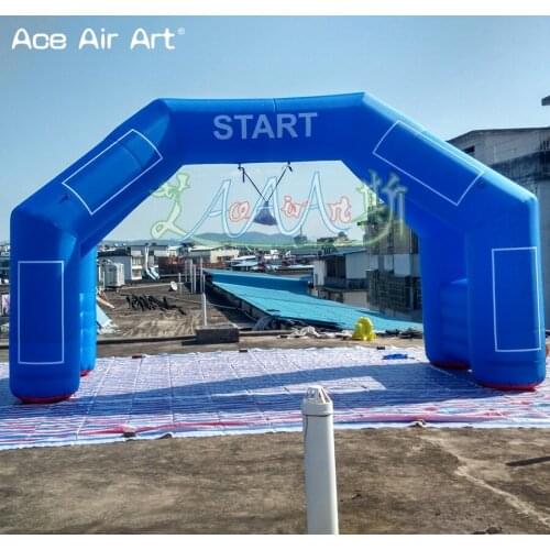 Custom blue 20ft inflatable start finish line arch with hanging timer for racing