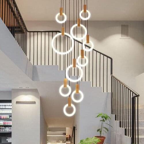 Stair Chandelier Modern LED Hanging Lights Acrylic Circle Living Room Restaurant Lamps Nordic Art Lighting White Long Chandelier