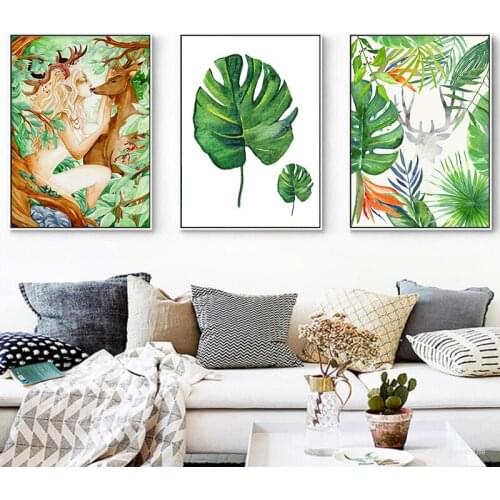 Tropical Plants Nordic Fairy Girl Deer Green Leaves Canvas Painting Wall Art Home Decor Posters Prints Picture Modern Room Decor