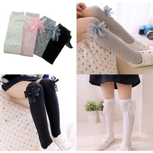 Convenient Comfortable Multi-occasional Stylish Girls Kids Cotton Socks Tights School High Knee Gridding Bow Dance Stockings