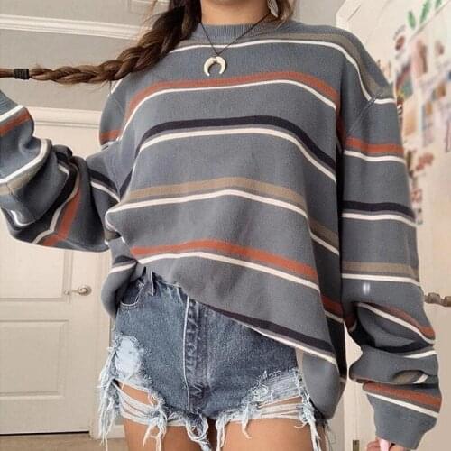Striped Knit Pullover Vintage Casual Sweatshirt Women Long Sleeve Streetwear Plus Size Fall 2020 Women Sweaters England Style