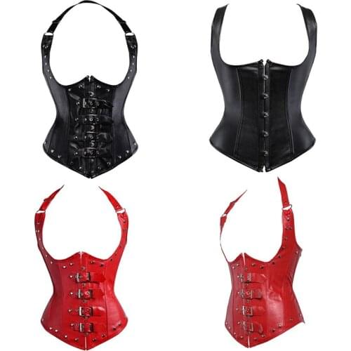 Oversized ladies sexy dark gothic faux leather PU under bust waist belt spiral steel bone button club wear underwear corset