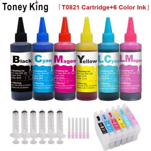 Toney King 600ml Bottle Dye Ink + 6 Color T0821 Refillable Printer Ink Cartridges For Epson Artisan 635 725 730 835 837 1430