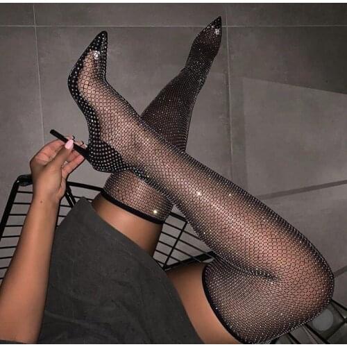 Woman Bling Bling Diamond Fishnet Cuts Out Over The Knee Boots PVC Clear Sequins Pointed Toe Heel-Strap Thigh Socks Boots