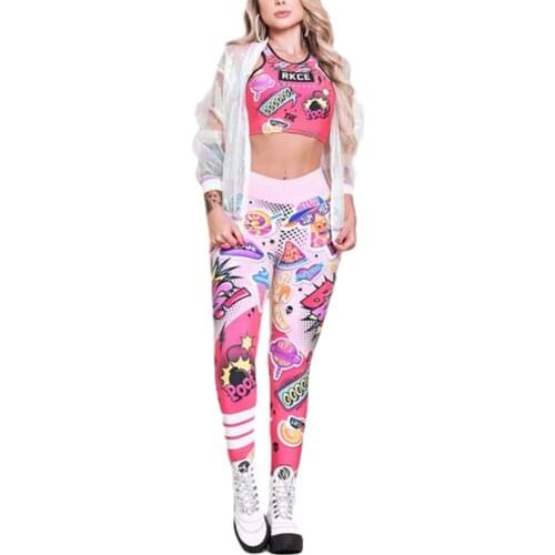 Women Cartoon Print Denim Pocket Leggings Casual High-Waist Hip-Lifting Fitness Tights Stretch Pants Graffiti Pattern Leggings