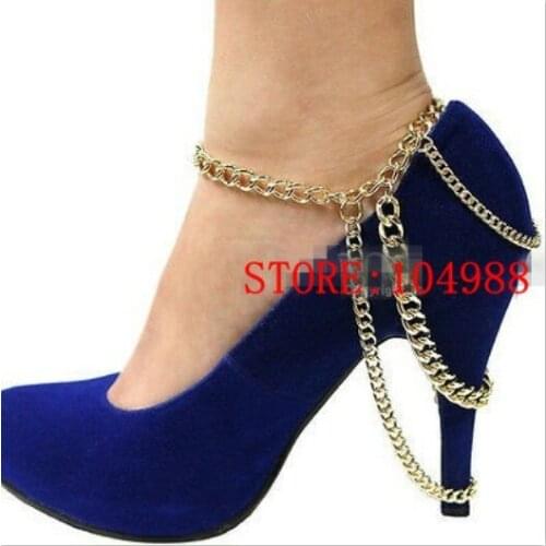 FREE SHIPPING 2014 Style A23 Women Loved Gold 4 Layer Drape Chunky Curb Chain Ankle High heel Shoe Anklet Bracelet Bangle Chain