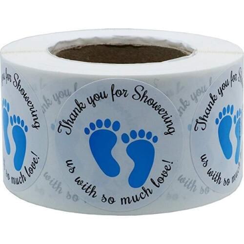 1.5 Inch Round Baby Shower Stickers Thank You for Showering Us Blue Foot Print Labels for Gender Neutral Shower Stickers