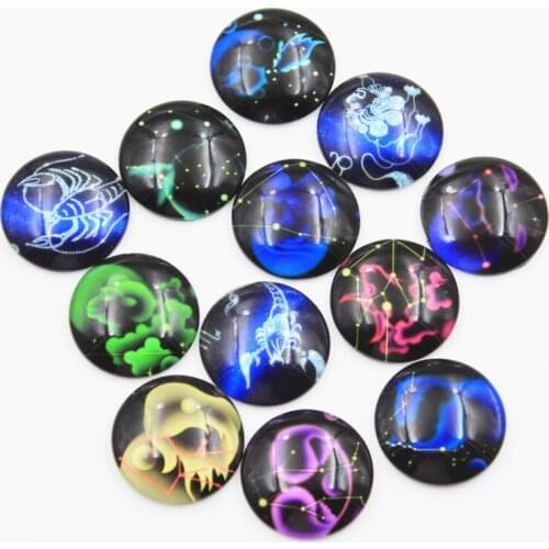 12pcs Zodiac Capricron Libra Aquarius Aries Sagittarius Cancer Leo Gemini Taurus Scorpio Vigro Pisces 25mm Cabochons DIY Glass