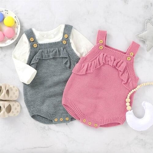 2020 Sweet Knited 0-24M Infant Baby Girl Playsuit Sweater Ruffle Sleeveless Solid Color Jumpsuit Romper Autumn Winter One Piece