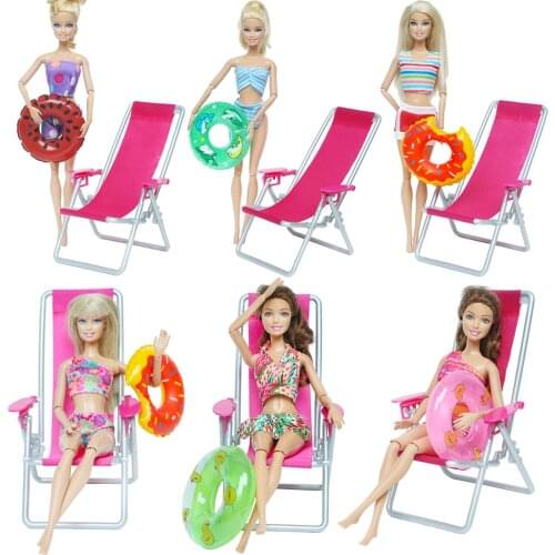 3 Pcs = 1x Fashion Summer Swimsuit Bikini +1x Random Swimming Buoy Lifebelt Ring + 1x Beach Chair Accessories for Barbie Doll