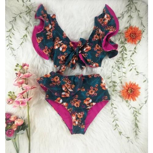 Deep V ruffled sleeve bikini high waist 2020 new swimsuit female split foreign trade printed swimsuit