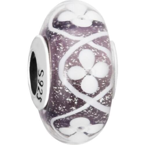 Fits Pandora Bracelets 925 Sterling Silver Purple Field of Flowers Charm Murano Glass Beads for Jewelry Making Women Gift