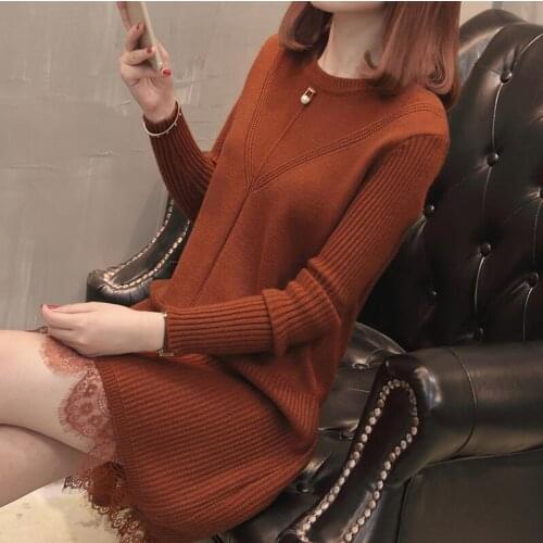 EA 2021 Autumn Sweater Dress 4 Colors Casual Stripe Knitted Dress Fish Tail Woman Sweater Loose Lace Women Elegant Vestidos