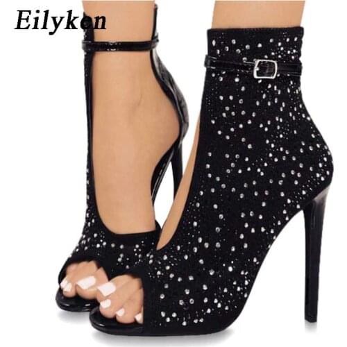 Eilyken Summer New Crystal Rhinestones Gladiator Women Sandals Ankle Buckle Straps High Heels Cover Ladies Sandals Party Shoes