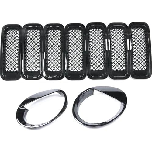 9Pcs Front Grille Grill Mesh Grille Insert Kit + Style Headlight Lamp Cover Trim for Jeep Patriot 2011-2016