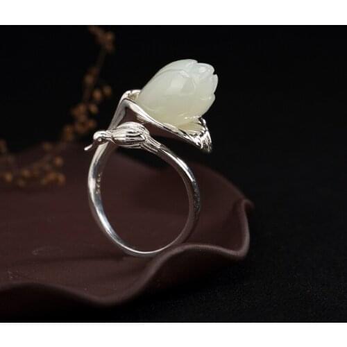 2018 Limited Anel Feminino Hot Sale S925 Pure Inlay Hetian Magnolia Flower Opening Ring Wholesale High-grade Joker Woman Model