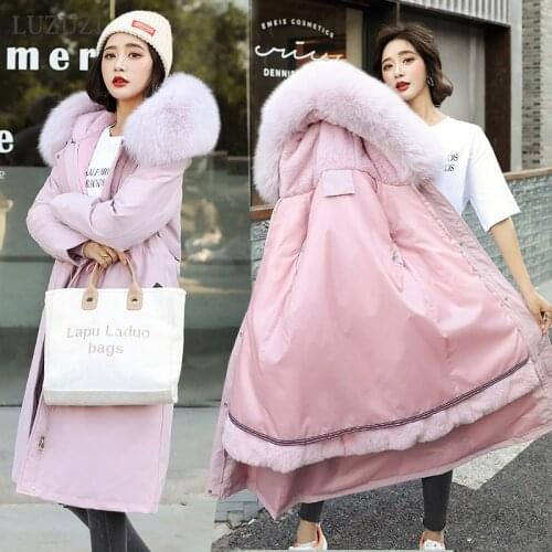 LUZUZI Parka Womens 2021 Winter Liner Removable Large Size Long Coat Korean-Style Thick Loose Down Cotton Cloth Womens Jacket