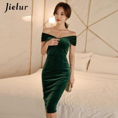 Jielur Elegant Dress for Women Solid Color Pleuche Party Vestidos Slash Neck Sexy Package Hip Dress Sheath Slim Bodycon Dresses