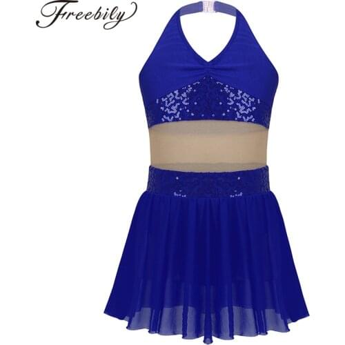 Girls Halter Sequin Mesh Stretchy Figure Skating Dress Gymnastics Ballet Leotard Kids Performance Lyrical Dance Costumes