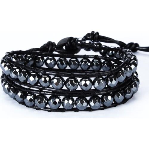 New Womens Men Leather Bracelets Hematite Stone 2 Strands Handmade Weave Wrap Bead Bracelet Wristband Fashion Jewelry pulseras