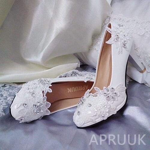Luxury lace crystal wedding shoes bride white handmade plus size 41 42 ladies party dinner proms dress pumps shoes with platform