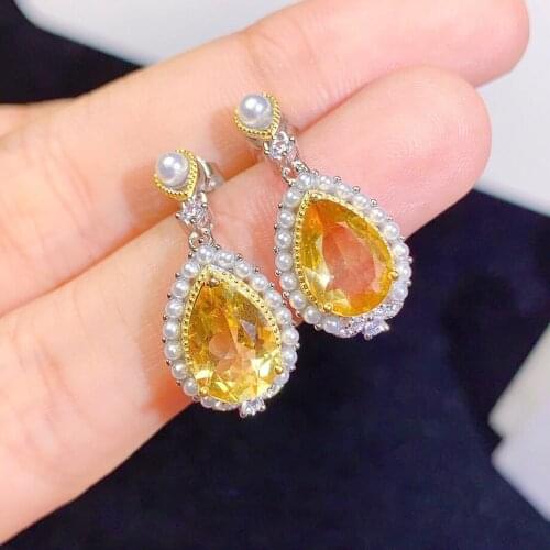 Luxury 100% 925 Sterling Silver Pear Cut Natural Citrine Pearl Gemstone Party Drop Dangle Earrings Studs Fine Jewelry Wholesale