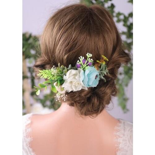 Vintage Blue Flower and Leaves Bride Hair Comb Wedding Headdress Handmade Feast Hair Accessories Beauty Hair Clip For Women