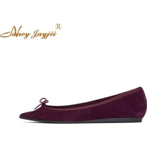 Woman Flats Female Shoes Red Solid 2019 Spring Butterfly-Knot Pointed Toe Work Leisure Concise Floral Flock Casual Slip-On Lady