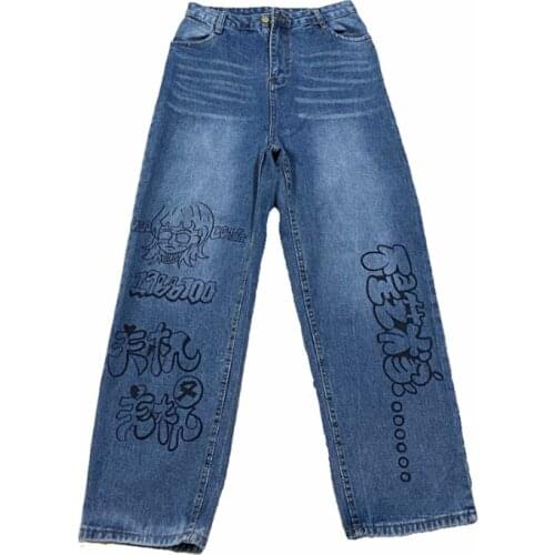 Harajuku Cartoon Anime Print Jeans Women Trousers Female Vintage Loose High Waist Wide Leg Cotton Straight Cowboy Man Pants