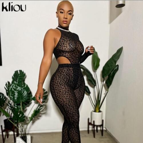 Kliou Flocking Leopard Print Two Piece Set Women 2021 Sexy Mock Neck One Shoulder Bodysuit+Stretchy Leggings Suit Party Clubwear