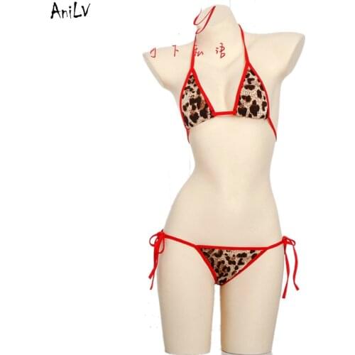 AniLV Summer Beach Women Sexy Leopard Bikini Swimsuit Costume Anime Girl Student Lace Up Swimwear Uniform Pool Party Cosplay