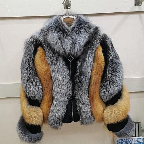 Top quality New 2021 Ladies Natural Fox Fur patchwork fur coat outerwear contrast color Luxury real fur jackets