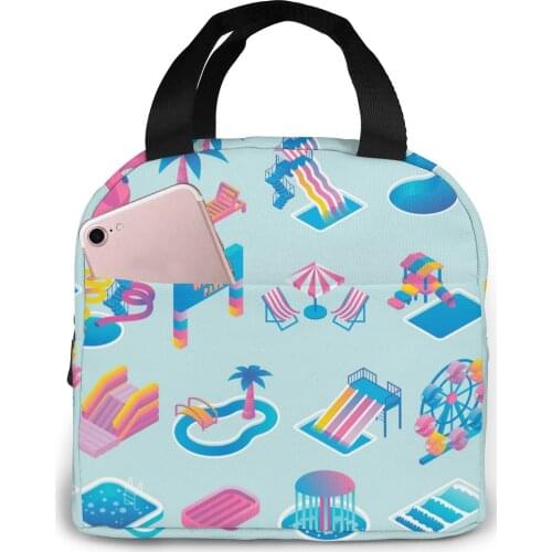 Aqua Park Isometric Flat Lunch Food Box Bag Fashion Insulated Thermal Food Picnic Lunch Bag for Women kids Men Cooler Tote Bag
