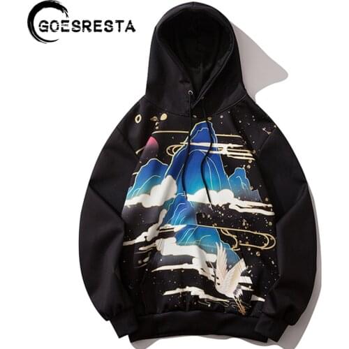 Goesresta Autumn New Fashion Hip Hop Hoodies Men Oversized Crane Peak Print Casual Sweatshirt Pullover Men Hooded Sweatshirt