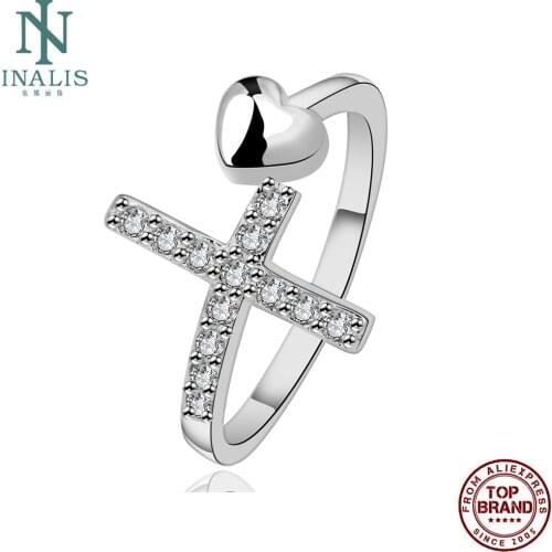 INALIS Cross To Heart Romantic Open Rings For Women 5A Clear Cubic Zircon Girl Copper Ring Wedding Fashion Jewelry New Arrival