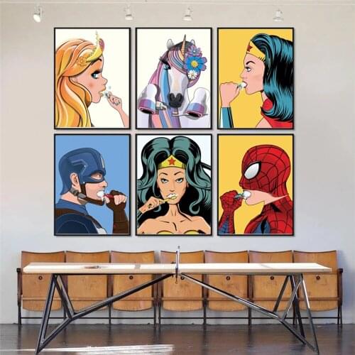 Canvas Painting Fun Toilet Humour Spiderman Posters and Prints Marvel Superhero Cleaning Teeth Wall Pictures for Home Decoration