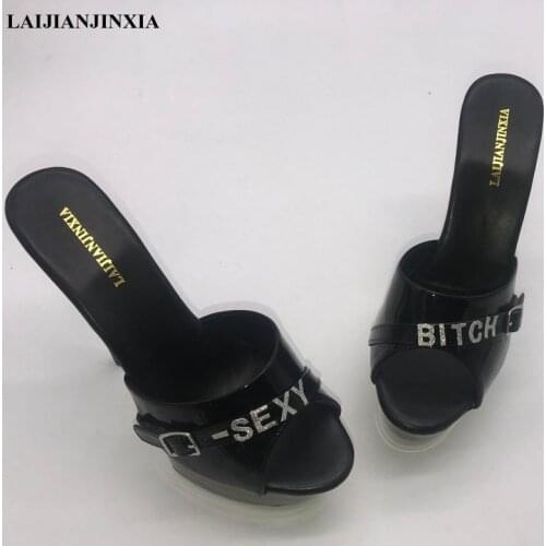 LAIJIANJINXIA New Sexy Nightclub Women Wedding Party Shoes Black Dancing Shoes 15cm High Heels Thick Platform Slippers