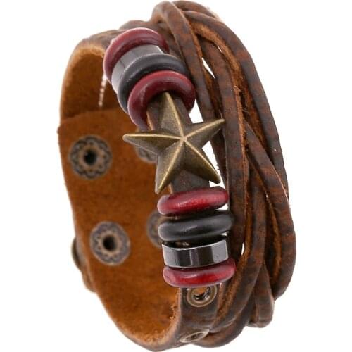 Personality Star Hand Made Knitting Man Bracelet Strand Brown Vintage Male Wristlet Wrap Punk Genuine Leather bracelets & bangle