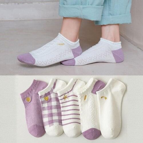 Spring Summer Women Fashion Cotton Short Heel Boat Socks High Quality Embroidered Purple Series Cute Breathable Shallow Mouth