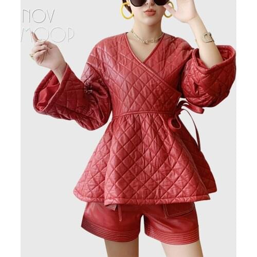 Novmoop Korean casual chic style red trumpet sleeve cotton liner sheepskin genuine leather women coat chaqueta mujer LT2906