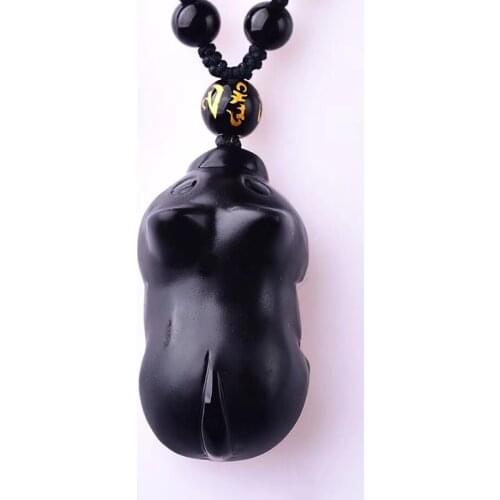 Wholesale Genuine Black Natural Obsidian Stone Necklace Meng Pig Amulet Pendants Longevity for Men Women Zodiac Fashion Jewelry