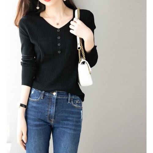 Autumn Women Knitted Sweater Sexy V-Neck Button Plus Size Casual Long Sleeve Pullover Female Comfortable Solid Sweaters