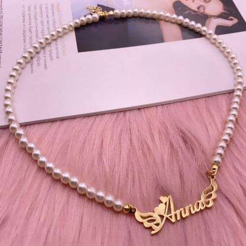 Gold Color Custom Name Necklace Pearl Chain Choker Wedding Jewelry Angel Wing Personalized Necklaces For Women Birthday Gift