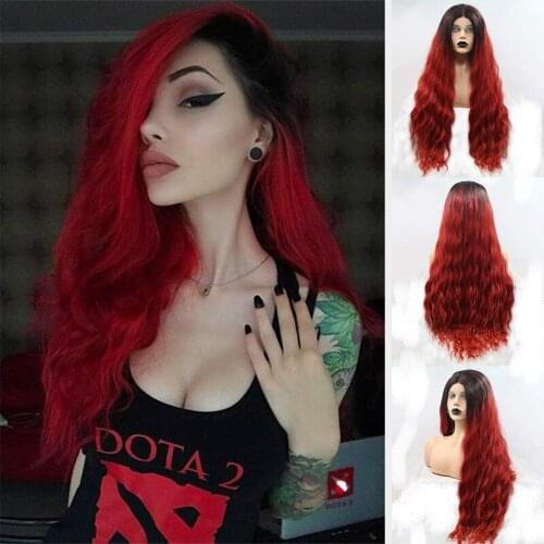Best Ombre Red Synthetic Lace Front Wigs for Women Middle Part Dark Red 2 Show Dark Roots Long Wavy Frontal Lace Wig Heat Fiber