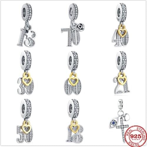 New 13 15 18 21 30 40 50 60 70 Th Pendant Dangle Charm DIY fine beads Fit Original Pandora Charms Silver 925 Bracelet Jewelry