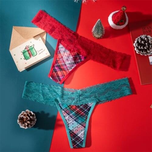Sexy Women Christmas Cotton Lace Thong Girl Underwear Lingerie Plaid Panty Ladies Fashion Christmas G-String New Year Underpants