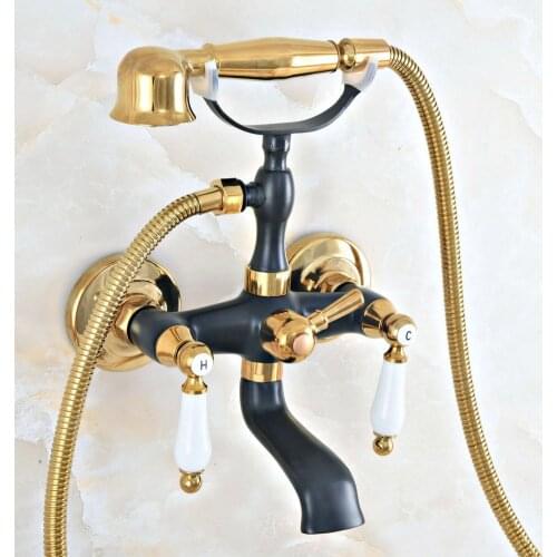 Oil Rubbed & Gold Brass Two Handle Wall Mounted Bathroom Bath Tub Faucet Set with 150CM Hand Held Shower Spray Mixer Tap 2na420