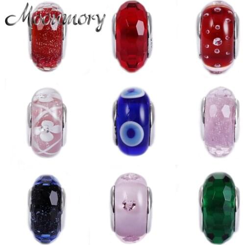 Moonmory 9 Colors Glass Beads 925 Sterling Silver Charms Bead Diy Fit European Style Bracelets or Necklace For Woman Man Jewelry